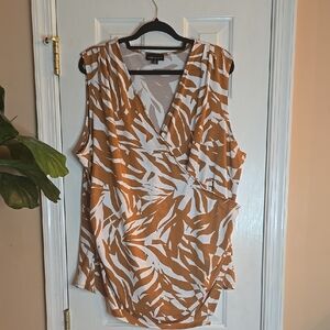 Fortune + Ivy Tan and White Sleeveless Wrap Blouse